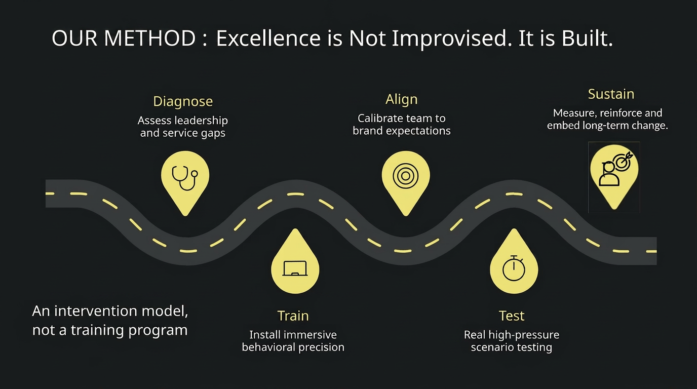 Our Method: Excellence is Not Improvised. It is Built. A winding road with five yellow markers: Diagnose, Train, Align, Test, and Sustain.