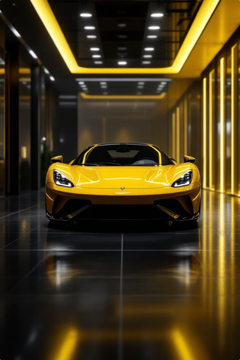Yellow sports car in a showroom