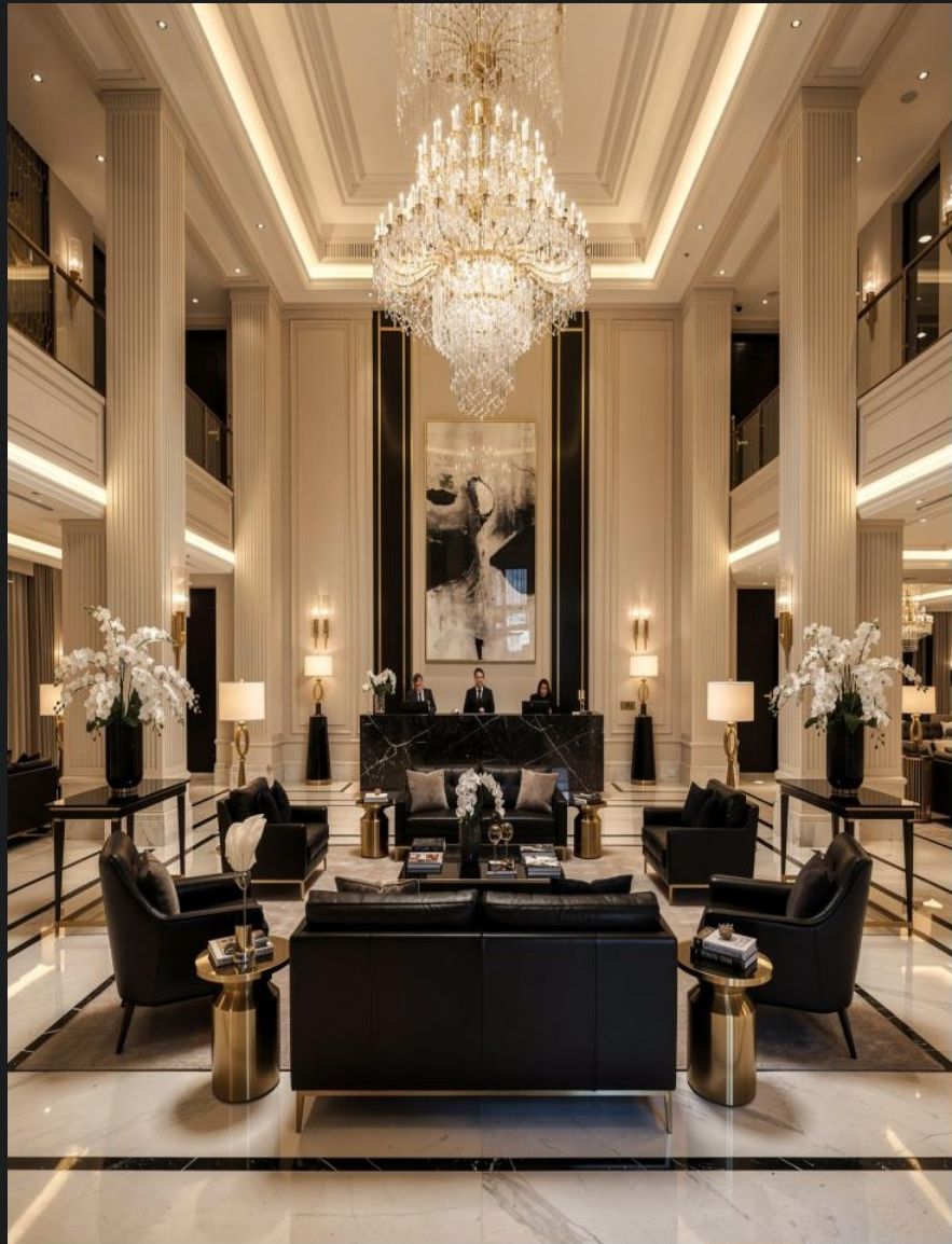 Luxury hotel lobby with chandelier and seating area